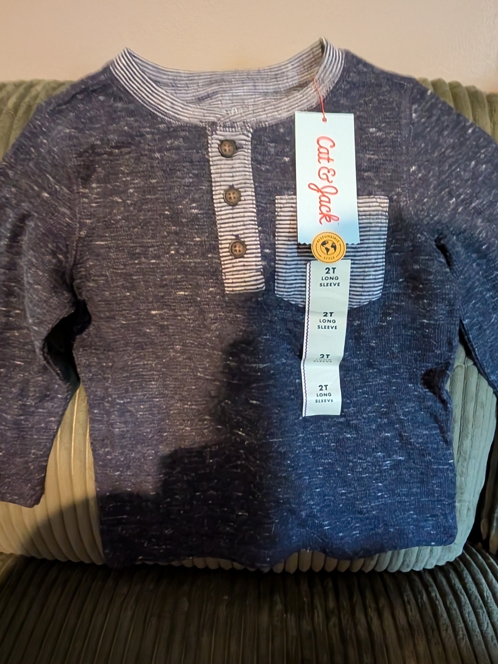 Cat & Jack Navy Heathered Henley with Striped Trim - 2T